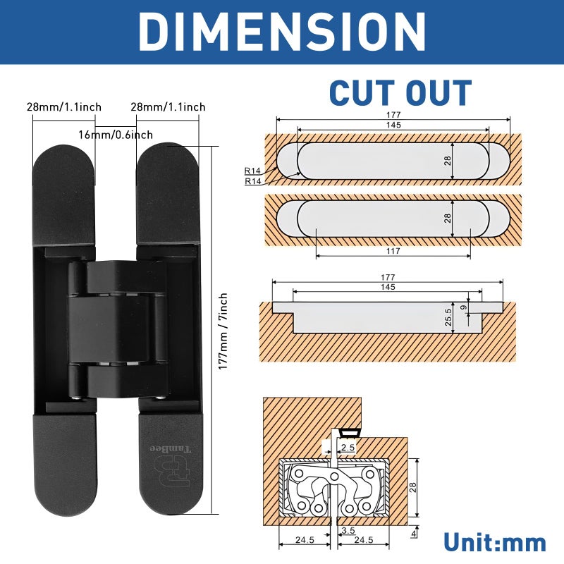 TamBee Hidden Door Hinge Invisible Hinges - Black, 3 Way Adjustable, Zinc Alloy, Concealed, for Secret Doors, Hidden Door and Bookcase Door 7 Inch (2 Hinges) - Image 2